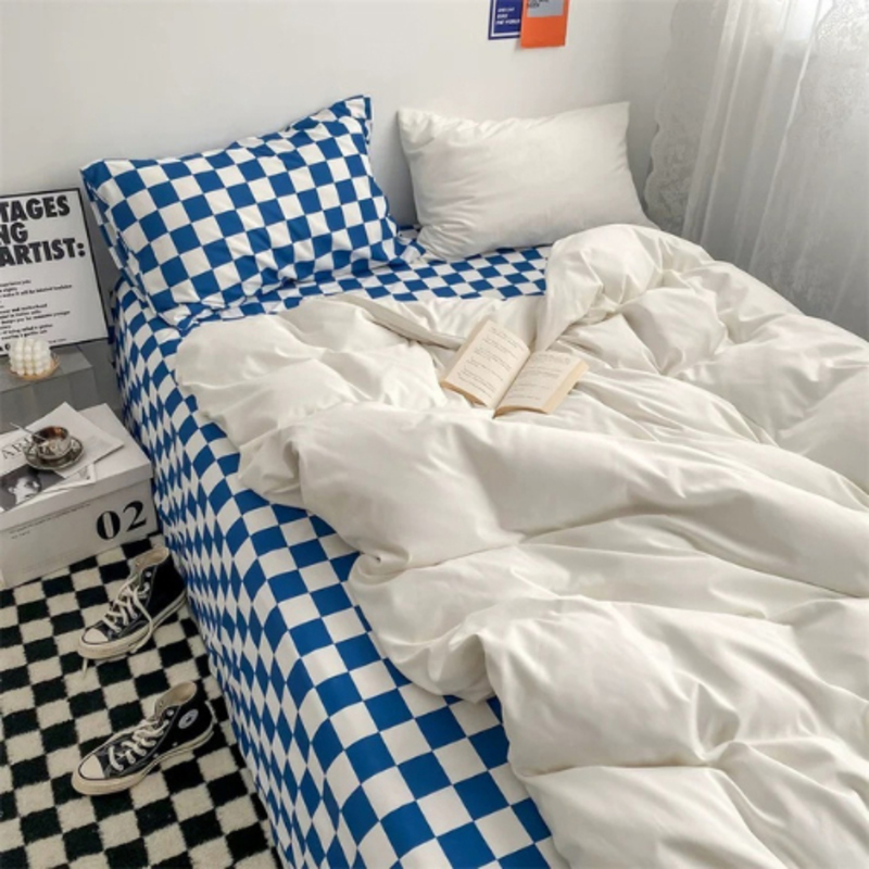 Luna Home 6-Piece Checkered Design without Filler Bedding Set, 1 Duvet Cover + 1 Flat sheet + 4 Pillow Covers, Double/Queen, Off White/Blue