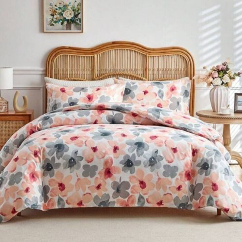 

Luna Home 6-Piece Pink & Gray Floral Print Design Duvet Cover Set, 1 Duvet Cover + 1 Flat Sheet + 4 Pillow Covers, Queen, Pink