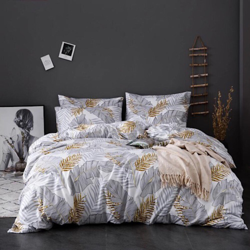 

Deals For Less LUNAHOME- 6-Piece Big Leaves Design Bedding Set, 1 Duvet Cover + 1 Flat Bedsheet + 4 Pillow Covers, Grey/Gold/White, Queen/Double