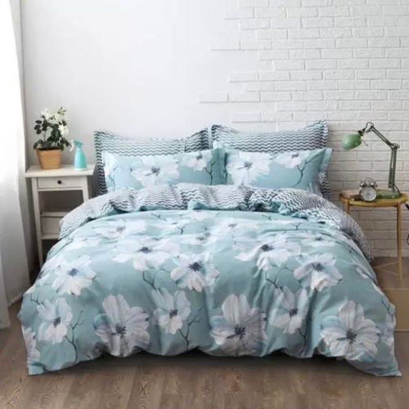 Deals For Less Luna Home 4-Piece Blue Floral Design Duvet Cover Set, 1 Duvet Cover + 1 Fitted Sheet + 2 Pillow Cases, Single, Blue