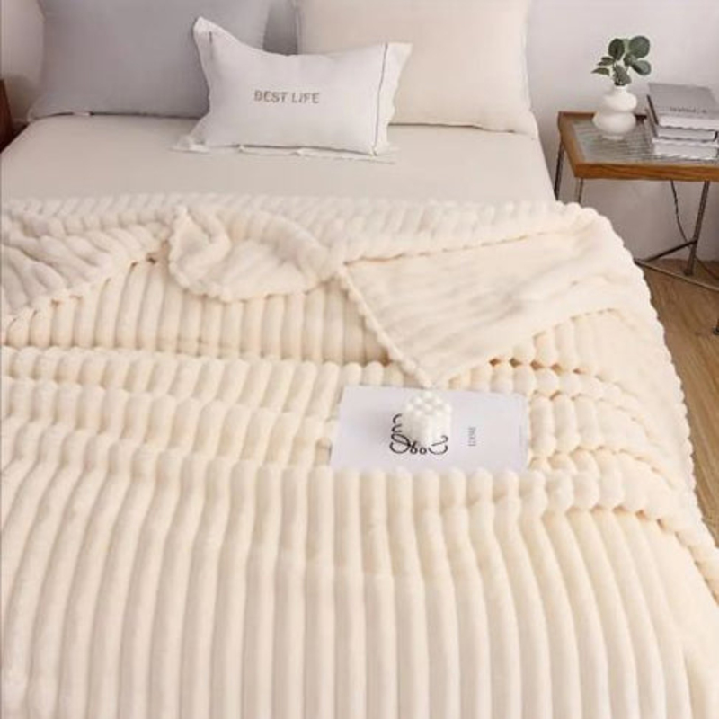 Luna Home 1-Piece Throw Striped Fleece Blanket Super Soft, White, One Size