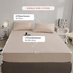 Luna Home 3-Piece Fitted Sheet Set, 1 Fitted Sheet + 2 Pillow Covers, Single, Beige
