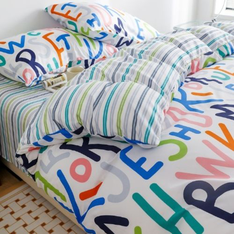 Deals For Less Luna Home 6-Piece Reversible Alphabet Design Stripped Bedsheet and Rainbow Colors Duvet Cover without Filler, 1 Duvet Cover + 1 Fitted Sheet + 4 Pillow Cases, Queen/Double, Multicolour