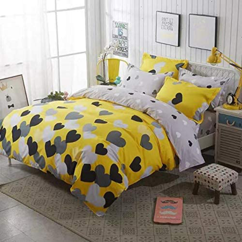 Deals For Less 4-Piece Hearts Design Bedding Set, 1 Duvet Cover + 1 Fitted Bedsheet + 2 Pillow Covers, Yellow/Grey, Single