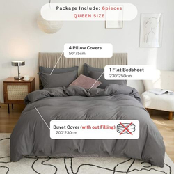 Luna Home 6-Piece Duvet Cover Set, 1 Duvet Cover + 1 Fiat Sheet + 4 Pillow Covers, Queen, Dark Grey