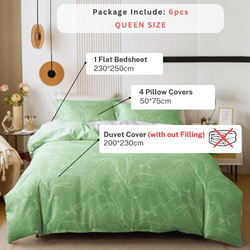 Luna Home 6-Piece Without Filler, Twigs Design Bedding Set, 1 Duvet Cover + 1 Flat Bedsheet + 4 Pillow Covers, Green, Queen Size