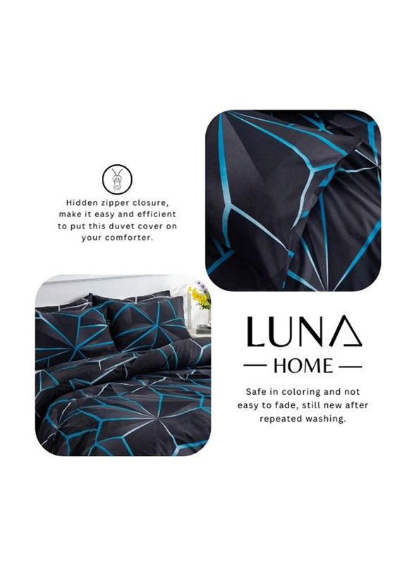 Deals For Less Luna Home 6-Piece Geometric Design Duvet Cover Set, 1 Duvet Cover + 1 Fitted Sheet + 4 Pillow Covers, King, Black/Blue