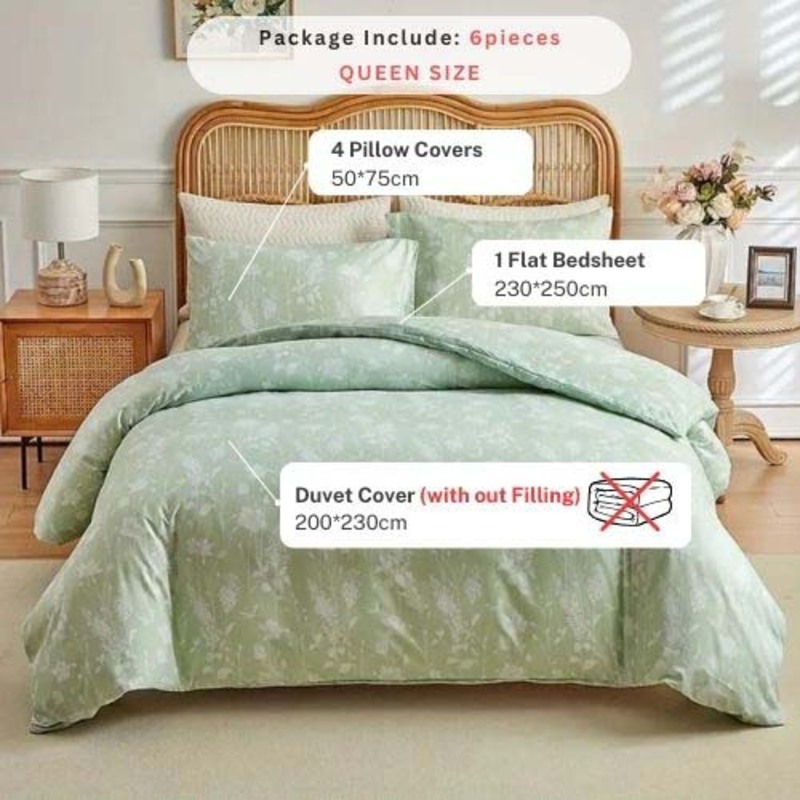 Luna Home 6-Piece Duvet Cover Set, 1 Duvet Cover + 1 Fitted Sheet + 4 Pillow Covers, Floral Details, Queen, Green