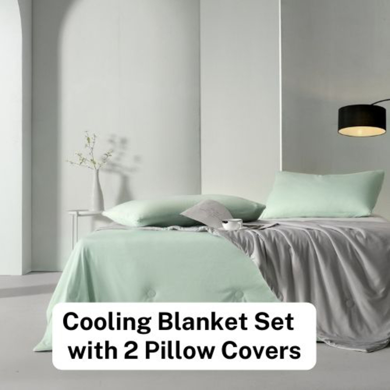 Luna Home 3-Piece Icy Silky Summer Cool Quilt Set, 1 Quilt + 2 Pillow Covers, Green/Grey, One Size