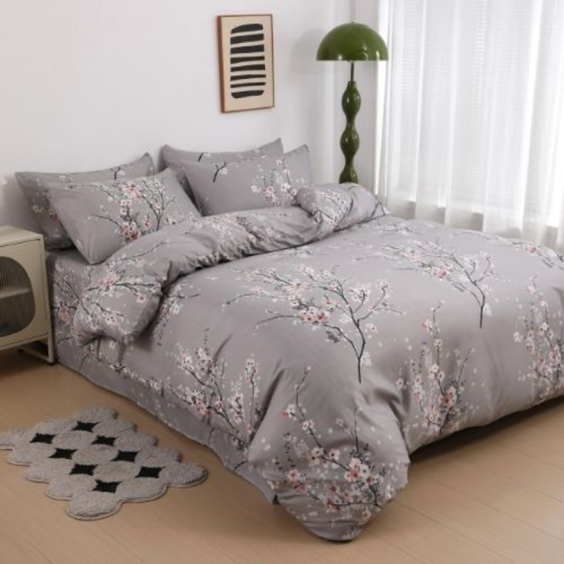 Luna Home 6-Piece Plum Blossom Print Bedding Set, 1 Duvet Cover + 1 Fitted Bedsheet + 4 Pillow Covers, Grey, Queen Size