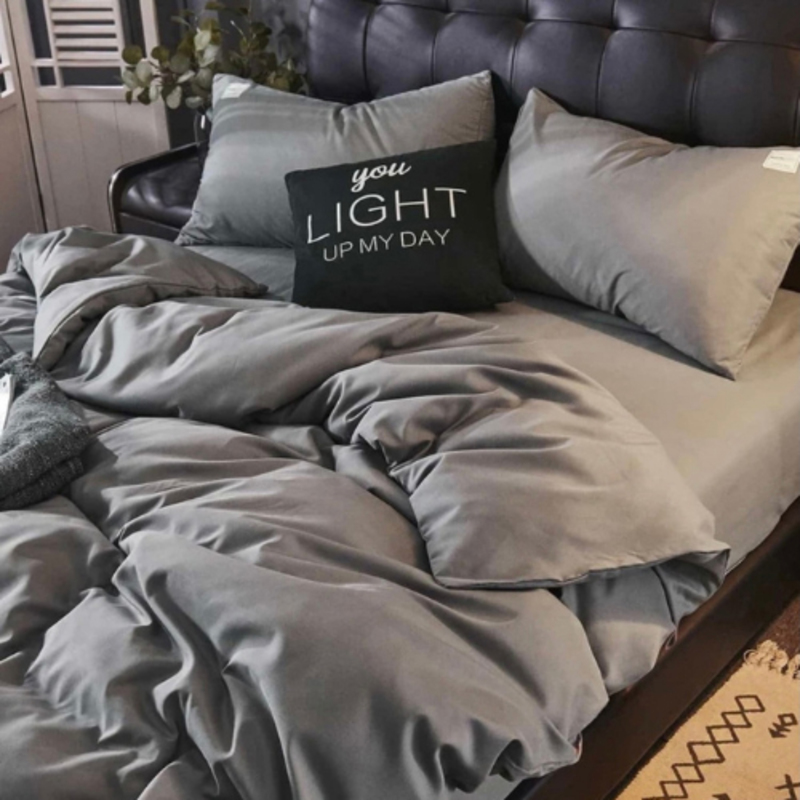 Deals For Less 4-Piece Luna Home Plain Bedding Set, 1 Duvet Cover + 1 Fitted Bedsheet + 2 Pillow Covers, Single, Grey
