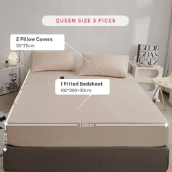 Luna Home 3-Piece Fitted Sheet Set, 1 Fitted Sheet + 2 Pillow Covers, King, Beige