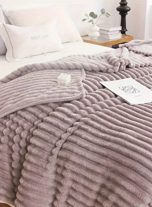 Luna Home 1-Piece Throw Striped Fleece Blanket Super Soft, Light Grey, One Size