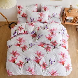 ديلز فور ليس لونا هوم طقم سرير بتصميم زهور من 6 قطع ، بدون حشو ، 1 غطاء لحاف + 1 ملاءة مسطحة + 4 كيس وسادة ، كوين / مزدوج ، وردي / أبيض