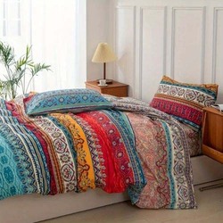 Luna Home 6-Piece Duvet Cover Set, 1 Duvet Cover + 1 Fitted Sheet + 4 Pillow Covers, Colourful Bohemian Details, Queen, Multicolour