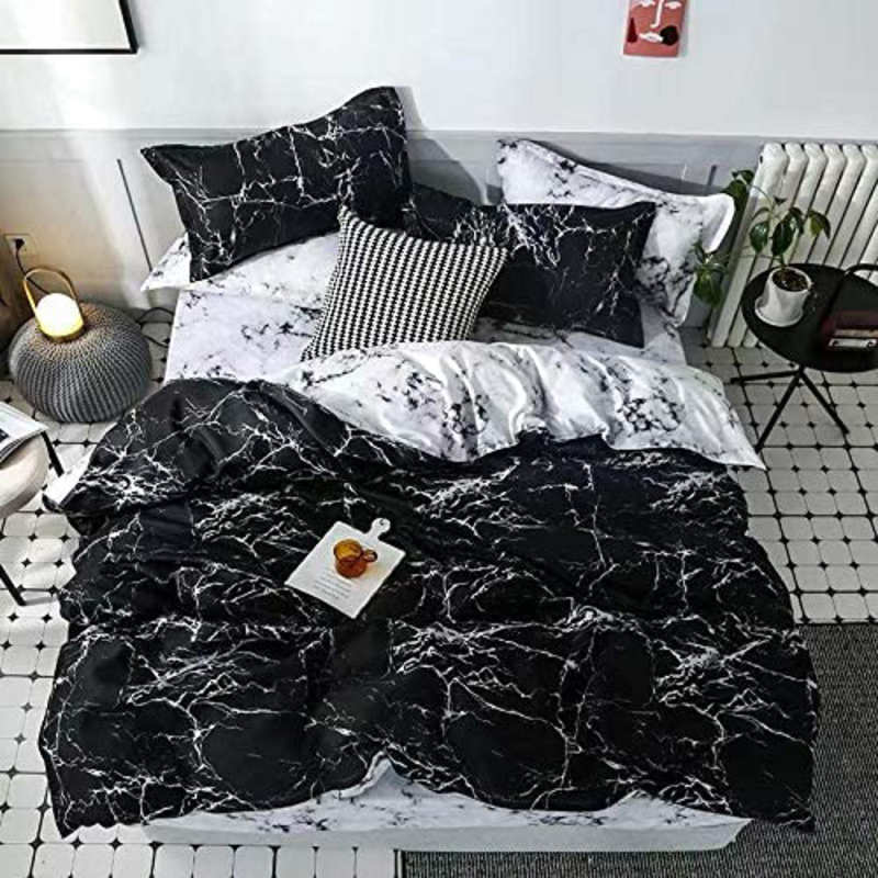 Deals For Less 6-Piece Marble Design Bedding Set, 1 Duvet Cover + 1 Flat Bedsheet + 4 Pillow Covers, Black, Queen/Double