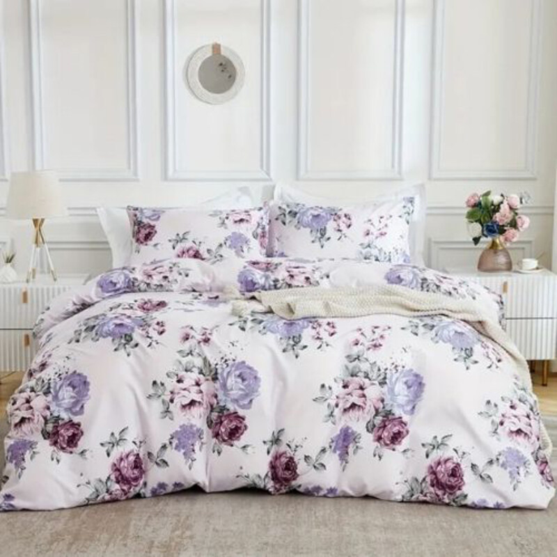 

Luna Home 6-Piece White Bed Linen with Purple Floral Pattern Design Duvet Cover Set, 1 Duvet Cover + 1 Flat Sheet + 4 Pillow Covers, Queen, Purple