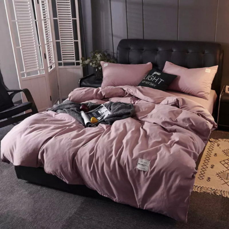 Deals For Less 4-Piece Luna Home Plain Bedding Set, 1 Duvet Cover + 1 Fitted Bedsheet + 2 Pillow Covers, Single, Rose Pink