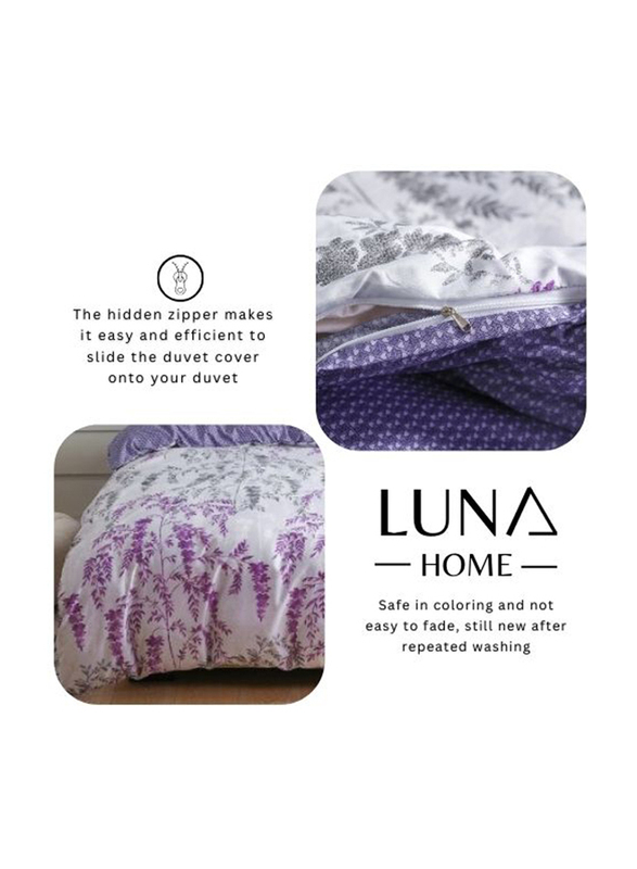 Luna Home 4-Piece Wisteria Design Bedding Set, 1 Duvet Cover + 1 Fitted Bedsheet + 2 Pillow Covers, White/Purple, Single Size