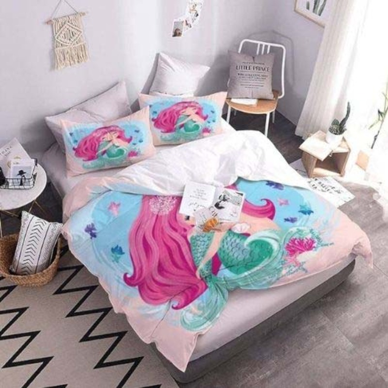 Luna Home 4-Piece Bedding Set, 1 Duvet Cover + 1 Fitted Sheet + 2 Pillow Cases, 3D Mermaid Design, Single, Pink