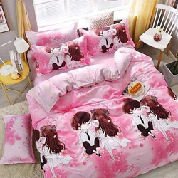 Deals For Less 4-Piece Lovers Design Bedding Set, 1 Duvet Cover + 1 Fitted Bedsheet + 2 Pillow Covers, Pink, Single
