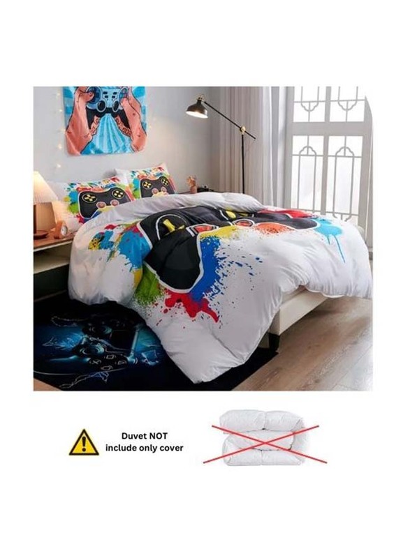 Luna Home 4-Piece Bedding Set, 1 Duvet Cover + 1 Fitted Sheet + 2 Pillow Cases, 3D Gaming Remote Details, Single, White