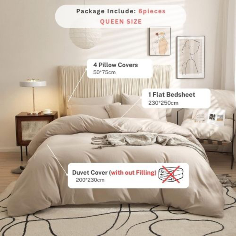 Luna Home 6-Piece Duvet Cover Set, 1 Duvet Cover + 1 Fiat Sheet + 4 Pillow Covers, Queen, Light Beige