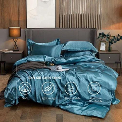 Deals For Less Luna Home 6-Piece Plain Bedding Set, 1 Duvet Cover + 1 Fitted Sheet + 4 Pillow Cases, Silky Satin, King Size, Blue