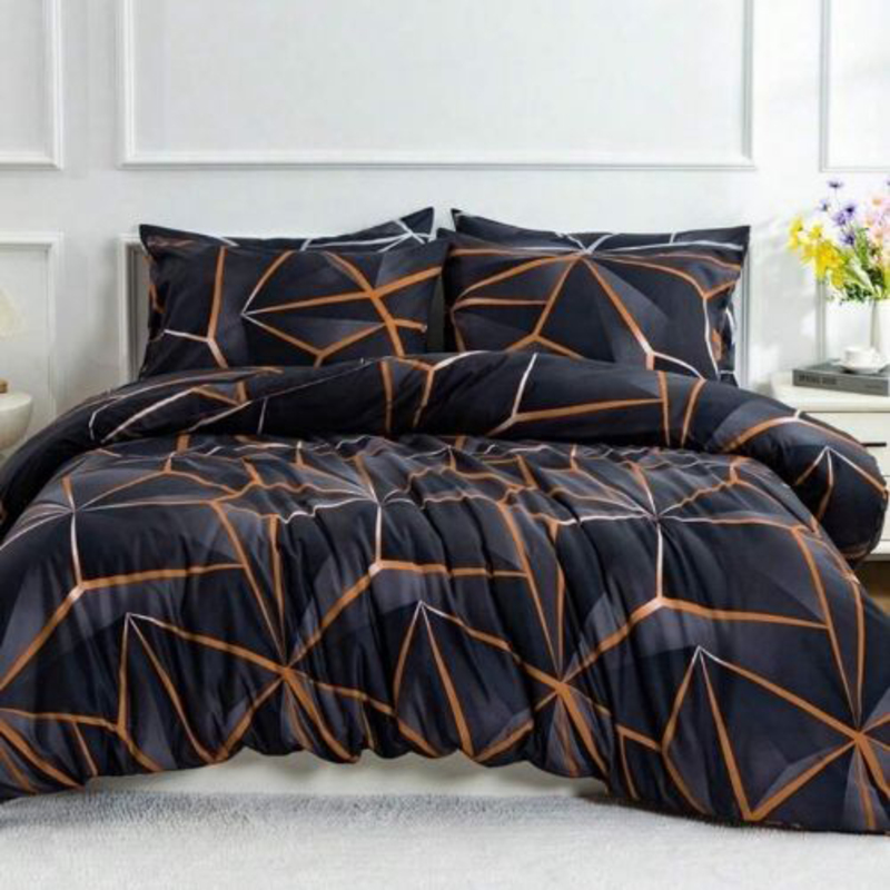 Deals For Less Luna Home 4-Piece Geometric Design Duvet Cover Set, 1 Duvet Cover + 1 Fitted Sheet + 2 Pillow Covers, Single, Black/Brown
