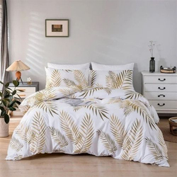 Deals For Less Luna Home 6-Piece Tropical Leaves Design Duvet Cover Set, 1 Duvet Cover + 1 Fitted Sheet + 4 Pillow Cases, King, White