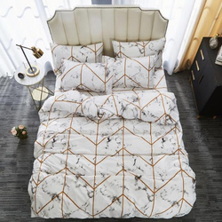 ديلز فور ليس طقم سرير من 4 قطع بتصميم رخامي جميل، 1 غطاء لحاف + 1 شرشف بمطاط + 2 غطاء وسادة، أبيض، مفرد
