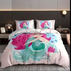 Luna Home 4-Piece Bedding Set, 1 Duvet Cover + 1 Fitted Sheet + 2 Pillow Cases, 3D Mermaid Design, Single, Pink