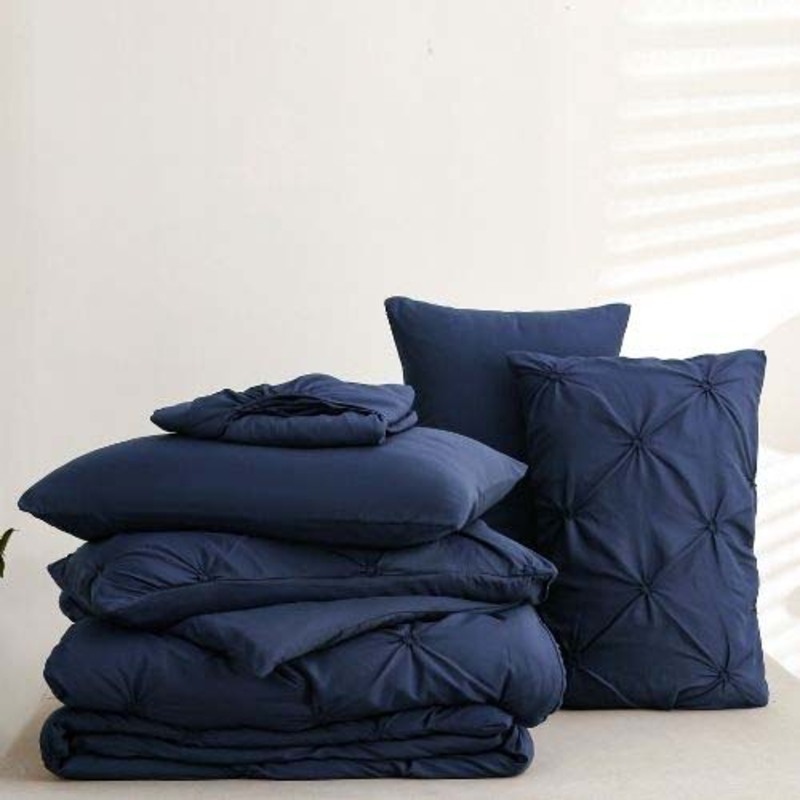 Luna Home 6-Piece Comforter Set, 1 Comforter + 1 Fitted Sheet + 4 Pillow Cases, King, Navy Blue