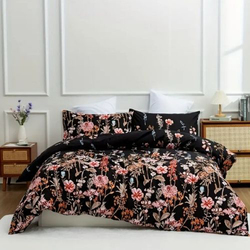 Deals For Less Luna Home 6-Piece Black Color Floral Design Duvet Cover Set, 1 Duvet Cover + 1 Fitted Sheet + 4 Pillow Cases, King, Black