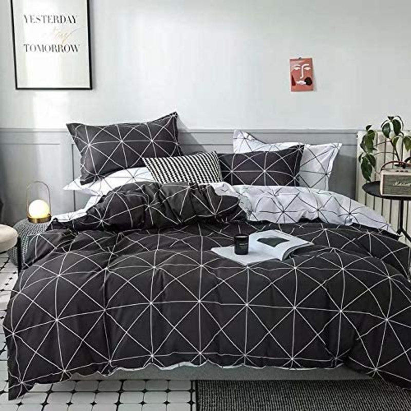 ديلز فور ليس طقم سرير من 4 قطع بتصميم مربعات هندسي، 1 غطاء لحاف + 1 شرشف بمطاط + 2 غطاء وسادة، أسود، مفرد