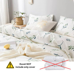 Luna Home 4-Piece Small Green Leaves Design Bedding Set without Filler, 1 Duvet Cover + 1 Fitted Sheet + 2 Pillow Cases, Single, Cream