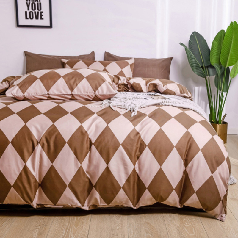 Luna Home 4-Piece Rhombs Design without Filler Bedding Set, 1 Duvet Cover + 1 Flat sheet + 2 Pillow Covers, Single, Brown