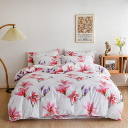 ديلز فور ليس لونا هوم طقم سرير بتصميم أزهار مكون من 4 قطع ، وغطاء لحاف واحد + شرشف محكم + 2 كيس وسادة ، مفرد ، وردي / أبيض