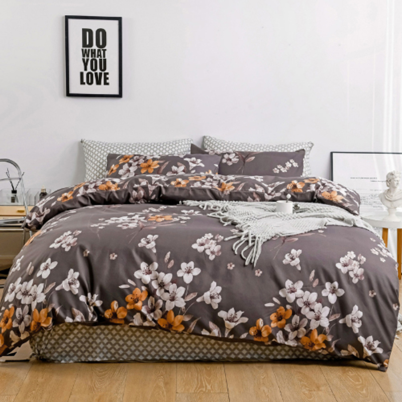 Luna Home 6-Piece Brown Colour Floral Design Bedding Set without Filler, 1 Duvet Cover + 1 Fitted Sheet + 4 Pillow Cases, Queen/Double, Brown