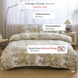 Deals For Less Luna Home 6-Piece Golden Leaf Design Duvet Cover Set, 1 Duvet Cover + 1 Flat Sheet + 4 Pillow Cases, Queen, Golden