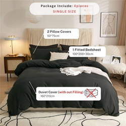 Luna Home 4-Piece Duvet Cover Set, 1 Duvet Cover + 1 Fitted Sheet + 2 Pillow Covers, Single, Black