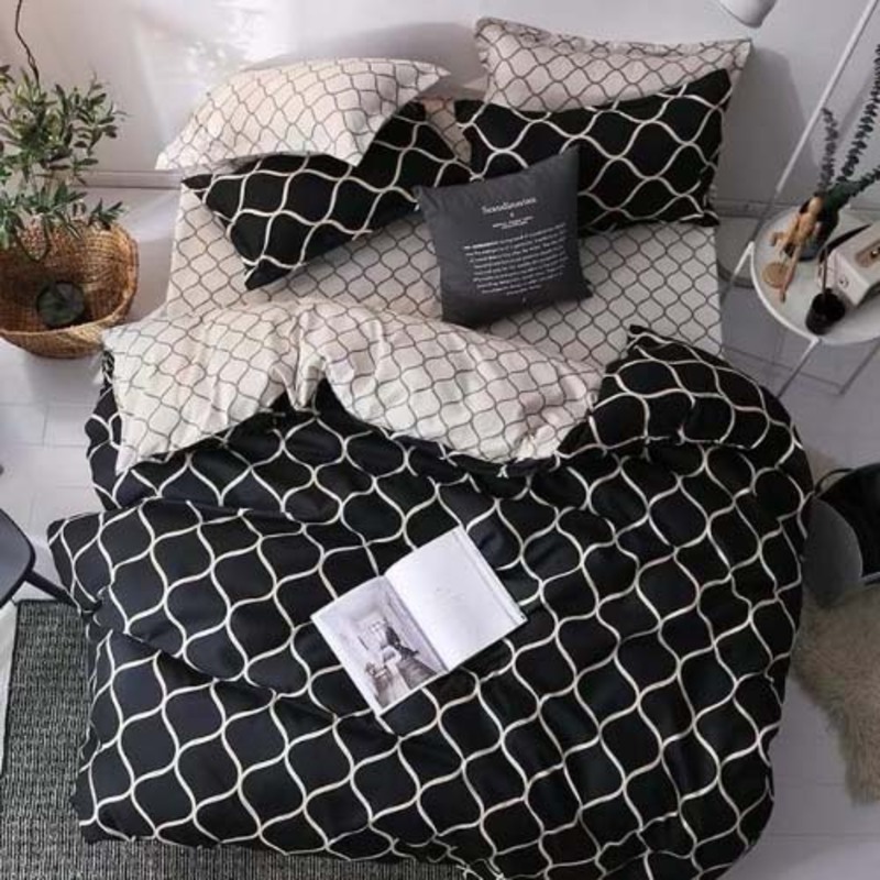 ديلز فور ليس طقم سرير بتصميم هندسي مكون من 6 قطع وغطاء لحاف واحد + ملاءة سرير مناسبة + 4 أغطية وسائد أسود كينج
