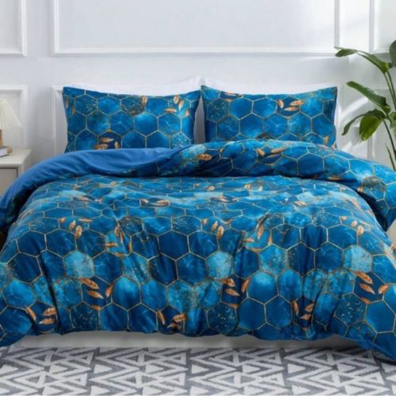 Deals For Less Luna Home 6-Piece Marble Design Duvet Cover Set, 1 Duvet Cover + 1 Fitted Sheet + 4 Pillow Covers, King, Blue