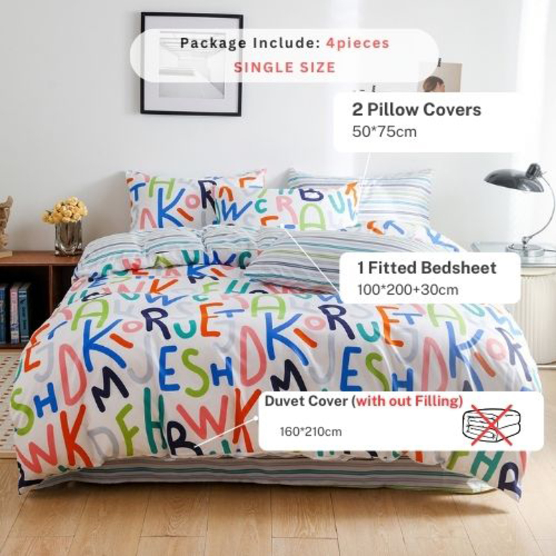 Deals For Less Luna Home 4-Piece Reversible Alphabet Design Stripped Bedsheet and Rainbow Colors Duvet Cover without Filler, 1 Duvet Cover + 1 Fitted Sheet + 2 Pillow Cases, Single, Multicolour