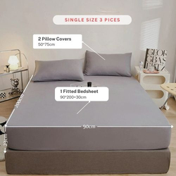 Luna Home 3-Piece Fitted Sheet Set, 1 Fitted Sheet + 2 Pillow Covers, Single, Grey