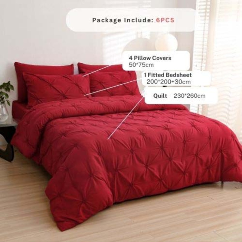 Luna Home 6-Piece Comforter Set, 1 Comforter + 1 Fitted Sheet + 4 Pillow Cases, King, Red