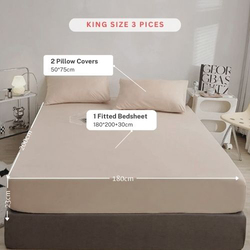 Luna Home 3-Piece Fitted Sheet Set, 1 Fitted Sheet + 2 Pillow Covers, King, Beige