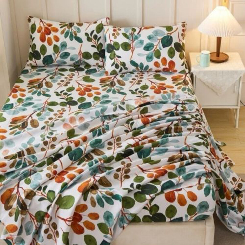 

Luna Home 4-Piece Leaves Design Bedsheet Set, 1 Fitted Sheet + 1 Flat Sheet + 2 Pillow Cases, Green