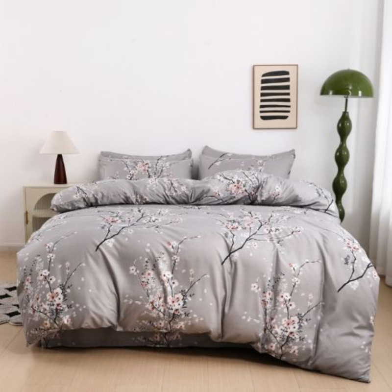 Luna Home 6-Piece Plum Blossom Print Bedding Set, 1 Duvet Cover + 1 Fitted Bedsheet + 4 Pillow Covers, Grey, King Size