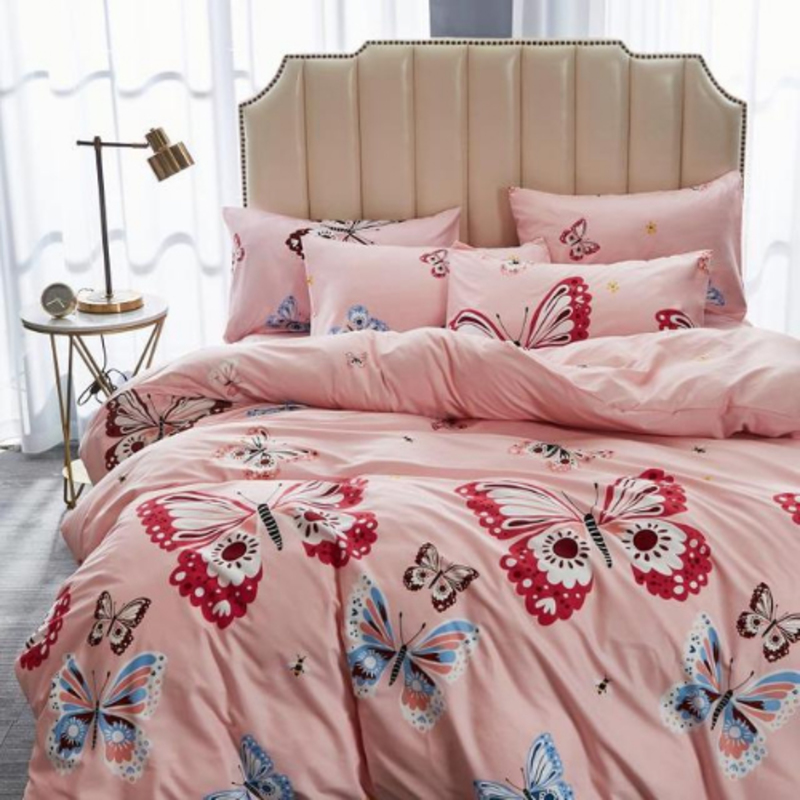 Deals For Less 4-Piece Beautiful Butterfly Design Bedding Set, 1 Duvet Cover + 1 Fitted Bedsheet + 2 Pillow Covers, Peach, Single
